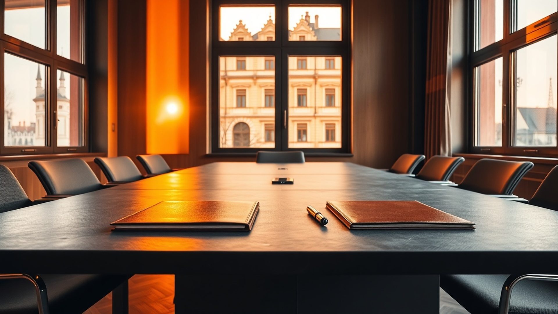 Sală de consultanță în Brașov cu masă de conferință și lumină caldă
