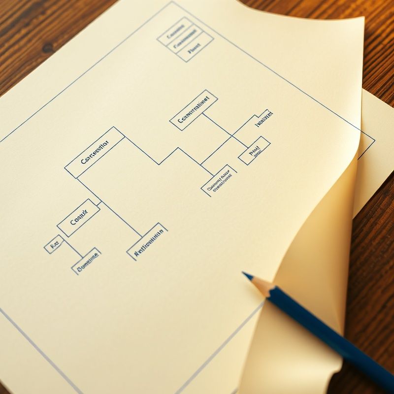 Plan arhitectural pe hârtie crem, linii slate-blue, birou din lemn închis